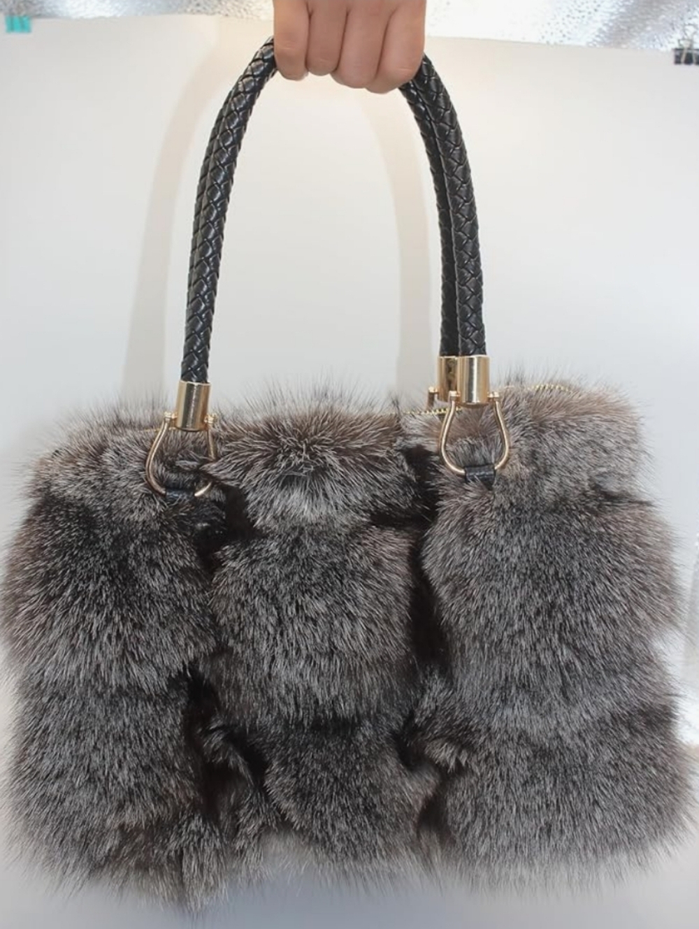 NWT Real Fox Fur Handbag. Super soft gray fur. Measures 15.75 x 15.75 cm